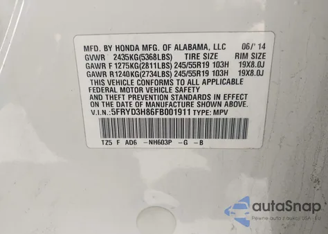 2015 Acura Mdx Advance Pkg W/Entertainment Pkg z USA, uszkodzony, nr VIN 5FRYD3H86FB001911